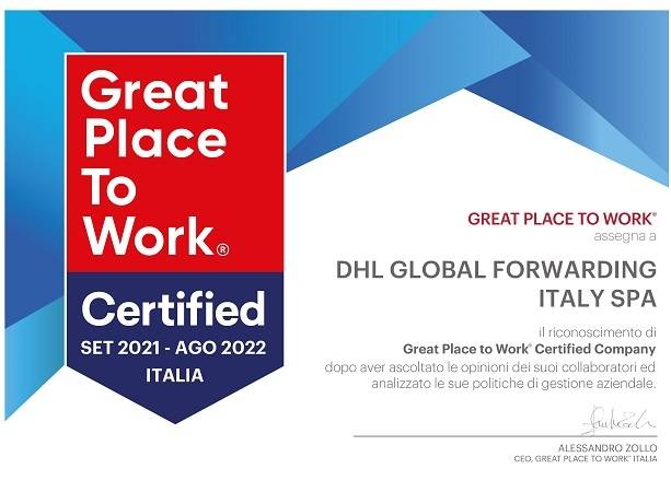 Technoretail - Assegnato a DHL Global Forwarding il premio Great Place to Work 2021 
